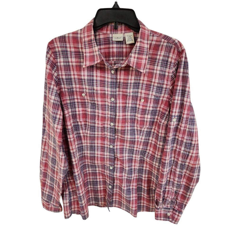 LL Bean Shirt Womens Large Lightweight Cotton Button Up Long Sleeve Roll Tab